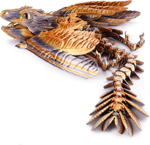 Drache Spielzeug, 3D Drache mit Flügeln, 3D Druck Drachen Beweglich, 3D Gedruckte Drachen, Realistische Wyvern Figur Deko, Flexibel Drachenart modell, Zappelspielzeug für Autismus/ADHS (Gold Silber) von GQDGCU