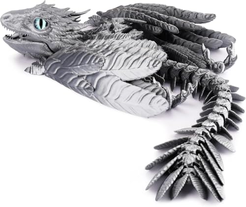 Drache Spielzeug, 3D Drache mit Flügeln, 3D Druck Drachen Beweglich, 3D Gedruckte Drachen, Realistische Wyvern Figur Deko, Flexibel Drachenart modell, Zappelspielzeug für Autismus/ADHS (Silbrig) von GQDGCU