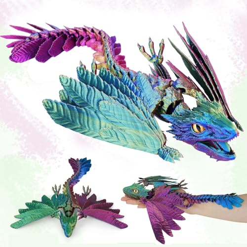 Drache Spielzeug, 3D Drache mit Flügeln, 3D Druck Drachen Beweglich, 3D Gedruckte Drachen, Realistische Wyvern Figur Deko, Flexibel Drachenart modell, Zappelspielzeug für Autismus/ADHS (Schillernde) von GQDGCU