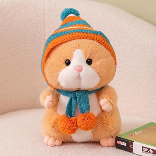 Hamster Plüschtier, Weichem Hamster Kuscheltier, Niedliche Plüsch Hamster mit Wolle Hut, Cute Spielzeug, Tier Kopfkissen Dekoration Festival und Geburtstage Geschenk für Freunde Familien (25 cm,Braun) von GQDGCU