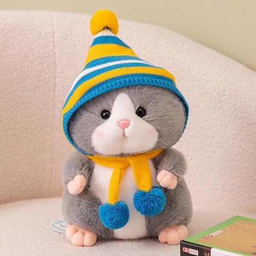 Hamster Plüschtier, Weichem Hamster Kuscheltier, Niedliche Plüsch Hamster mit Wolle Hut, Cute Spielzeug, Tier Kopfkissen Dekoration Festival und Geburtstage Geschenk für Freunde Familien (25 cm,Grau) von GQDGCU