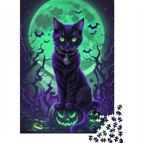 1000-teiliges Puzzle, Halloween, Schwarze Katze, kreatives quadratisches Puzzle für Erwachsene, Holzpuzzle, Puzzle für Erwachsene, Lernspiel, Herausforderungsspielzeug, 1000 Stück (75 x 50 cm) von GQmoney