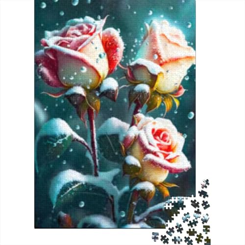 1000-teiliges Puzzle „Rosen im Schnee“, kreatives quadratisches Puzzle für Erwachsene und Holzpuzzle, Spielzeug, Denkspiel, 1000 Teile (75 x 50 cm) von GQmoney