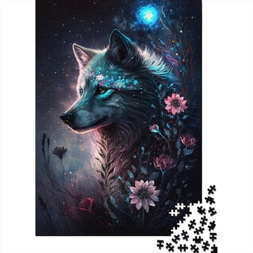 1000-teiliges Puzzle für Kinder, Weltraumwolf und Blumen, Puzzle für Kinder ab 18 Jahren, Holzbrett-Puzzle, anspruchsvolles Spiel, 1000 Teile (75 x 50 cm) von GQmoney