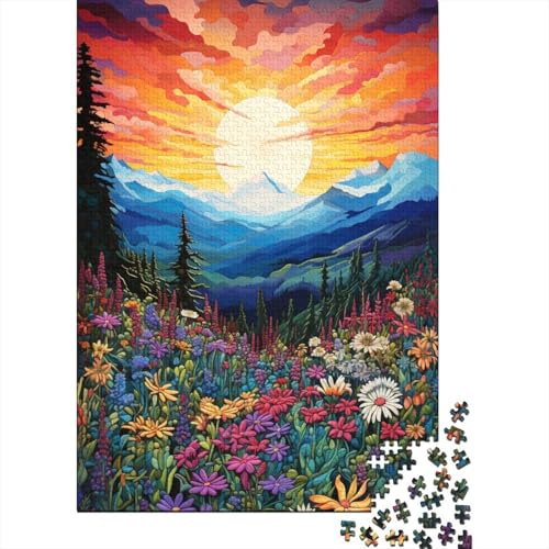 300-teiliges Puzzle „Berge und Wildblumen bei Sonnenuntergang“6, 300-teiliges Puzzle aus Holz, kreatives Puzzle, schwieriges Puzzlespiel zum Stressabbau, unmögliches Puzzle für 300 Teile (40 x 28 cm) von GQmoney