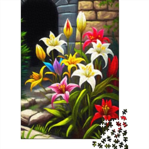 300-teiliges Puzzle „Bunte Gartenlilien“, kreatives quadratisches Puzzle für Erwachsene, Holzpuzzle, Puzzle für Erwachsene, Lernspiel, Herausforderungsspielzeug, 300 Stück (40 x 28 cm) von GQmoney