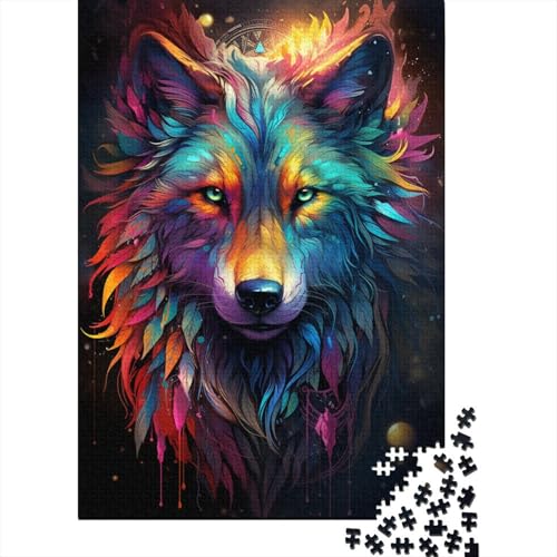 300-teiliges Puzzle „Die farbenfrohe Psychedelie des ätherischen Wolfs“ für Kinder und Jugendliche, Holzbrett-Puzzle, Spielzeug, Denkspiel, 300 Teile (40 x 28 cm) von GQmoney