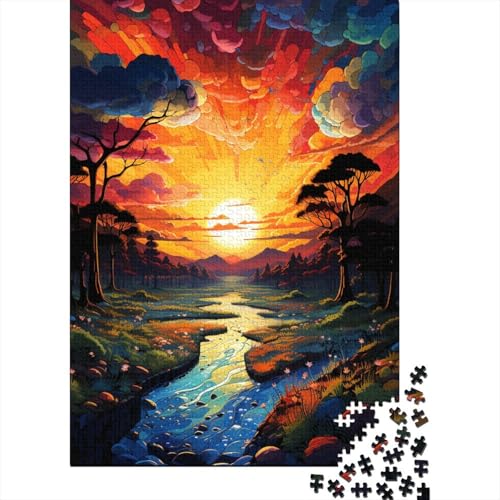 300-teiliges Puzzle mit farbenfrohem Fantasie-Sonnenuntergangsfluss für Kinder und Jugendliche, Holzbrett-Puzzle, Spielzeug, Denkspiel, 300 Teile (40 x 28 cm) von GQmoney