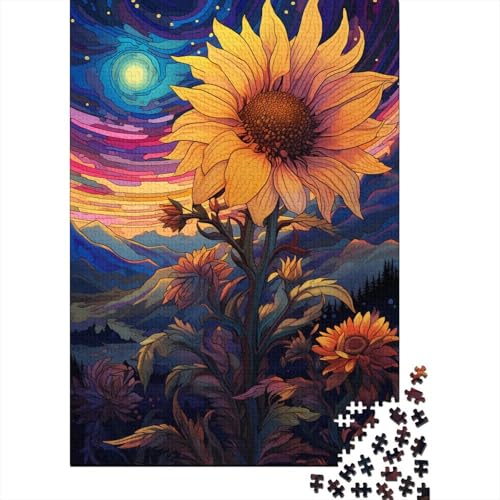 300-teiliges Sonnenblumen-Puzzle unter Nachtlicht, 5 kreative quadratische Puzzles für Kinder und Jugendliche, Holzbrett-Puzzle, anspruchsvolles Spiel, 300 Teile (40 x 28 cm) von GQmoney