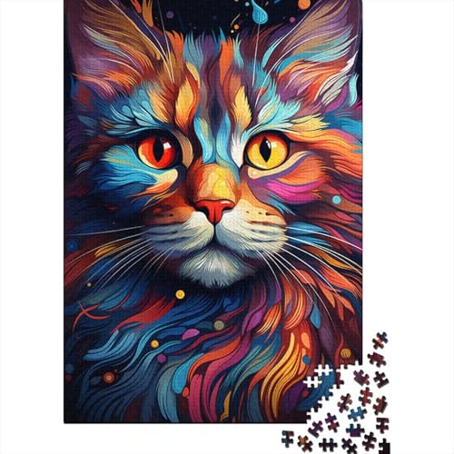 500-teiliges Puzzle mit farbenfrohen exotischen Katzen unter dem Sternenhimmel für Kinder und Jugendliche, Holzbrett-Puzzle, Spielzeug, Denkspiel, 500 Teile (52 x 38 cm) von GQmoney