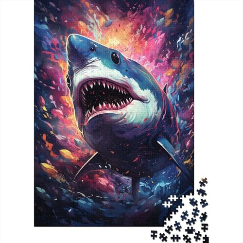 500-teiliges Puzzle mit farbenfrohen psychedelischen Hai-Tieren für Kinder und Jugendliche, Holzbrett-Puzzle, Spielzeug, Denkspiel, 500 Teile (52 x 38 cm) von GQmoney