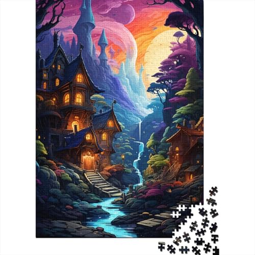 Bunte Psychedelia im Fantasy-Dorf-Puzzle, Holzpuzzle, kreative Puzzles, Teenager-Puzzles, Lernspiele, Spielzeug, 1000 Teile (75 x 50 cm) von GQmoney