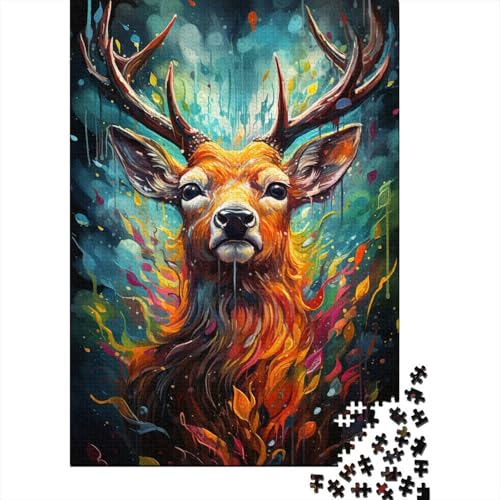 Bunte Psychedelie von Hirschen in Blumen Puzzle Holzpuzzle Kreative Puzzles Teenager-Puzzles Lernspiele Spielzeug 1000 Teile (75x50cm) von GQmoney