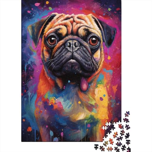 Buntes psychedelisches Mops-Gemälde, Puzzle aus Holz, kreatives Puzzle, Teenager-Puzzle, Lernspiele, Spielzeug, 1000 Teile (75 x 50 cm) von GQmoney