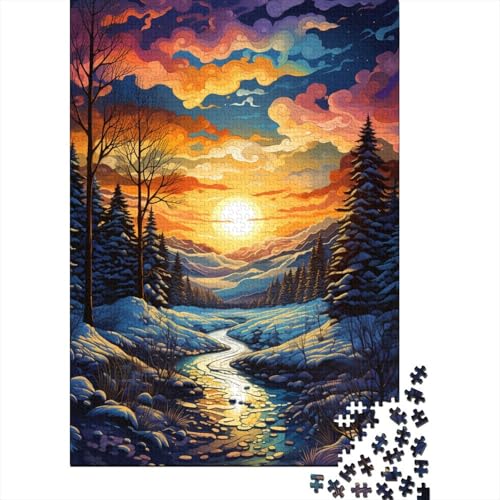 Farbenfrohes und psychedelisches Puzzle mit fallendem Schnee bei Sonnenuntergang, Holzpuzzle, kreative Puzzles, Teenager-Puzzles, Lernspiele, Spielzeug, 1000 Teile (75 x 50 cm) von GQmoney