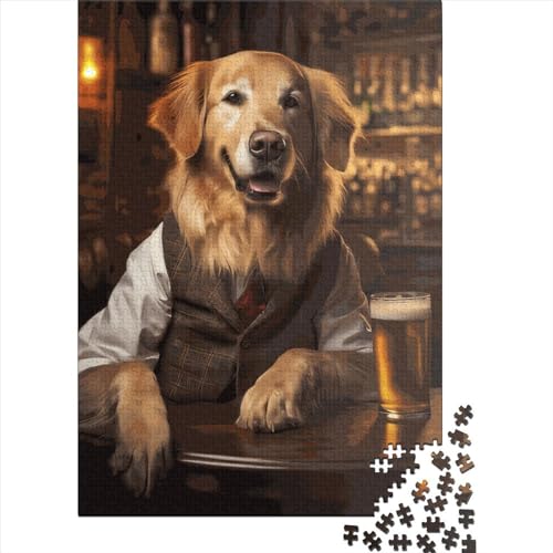 Golden Retriever an der Bar, Holzpuzzle für Erwachsene, Puzzle 1000 Teile, Puzzlespiel für Erwachsene, interessantes Spielzeug, personalisiertes Puzzle, Lernspielzeug (75 x 50 cm) von GQmoney