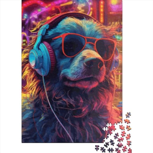 Holzpuzzle 1000 Teile, Hundekopfhörer, DJ-Musik, Puzzle für Kinder für Teenager, Holzbrettpuzzle, Lernspielzeug, Familienspiele, 1000 Teile (75 x 50 cm) von GQmoney