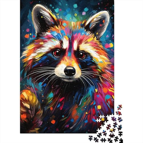 Puzzle 1000 Teile, farbenfrohes psychedelisches Waschbär-Puzzle, Schwierigkeitspuzzle, quadratisches Holzpuzzle, Lernspiele, Spielzeug, 1000 Teile (75 x 50 cm) von GQmoney