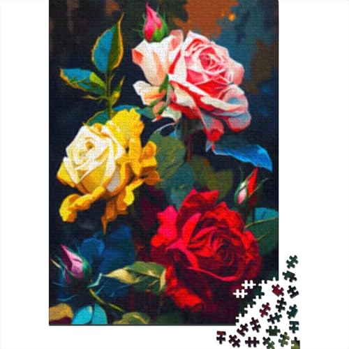 Puzzle 1000 Teile Rosa, Rot, Gelbe Rosen, Quadratisches Puzzle für Erwachsene, Holzpuzzle, Anspruchsvolles Spiel, Puzzle 1000 Teile (75x50cm) von GQmoney