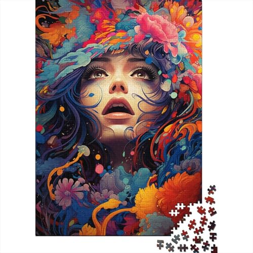 Puzzle für Erwachsene, 500 Teile, farbenfrohes psychedelisches Mädchen, Puzzle für Erwachsene und Jugendliche, Holzbrett-Puzzle, Spielzeug, Denkspiel, 500 Teile (52 x 38 cm) von GQmoney