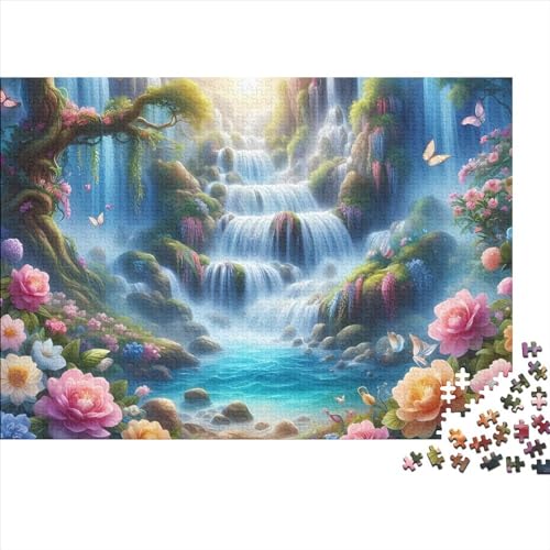 Puzzle für Erwachsene 1000 Teile, Schöne Wasserfälle mit Blumen, Holzpuzzles für Erwachsene, nachhaltige Puzzlespiele, 1000 Stück (75 x 50 cm) von GQmoney