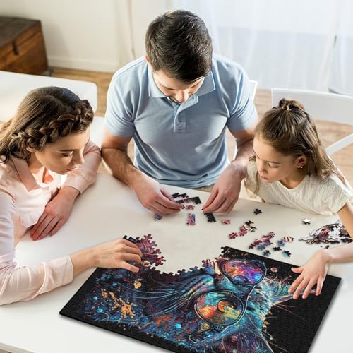 Puzzle für Kinder, kosmische Katze mit Brille, Puzzle 1000 Teile, kreatives rechteckiges Puzzle, Denksportspiel, 1000 Teile (75 x 50 cm) von GQmoney