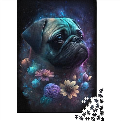 Puzzle für Kinder 1000 Teile Mops mit Blumen Puzzles für Kinder und Holzbrettpuzzles Spielzeug Denkspiel 1000 Teile (75x50cm) von GQmoney