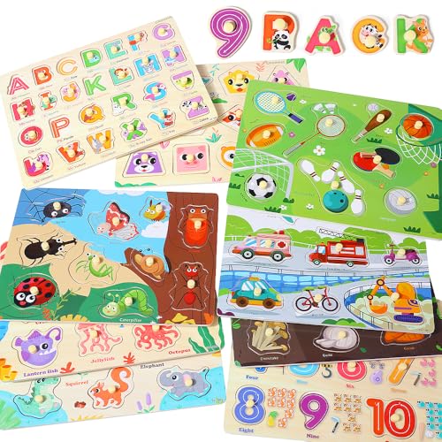 GRINNNIE 9 Pack Montessori Kleinkind Puzzle für 3 4 5 Jahre Alt, Holz Lernpuzzle für Kleinkinder 3-5 Tier Alphabet Nummer Form Peg Puzzles Set, Toller Geburtstag für Jungen Mädchen von GR GRINNNIE