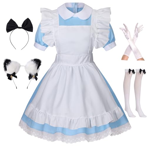 GRAJTCIN Französische Dienstmädchen Kostüm Anime Cosplay Lolita Maid Outfit Halloween Verkleidung mit Schürze Katzenohren Stirnband Socken (XXL, Blau) von GRAJTCIN