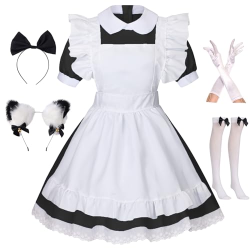 GRAJTCIN Französisches Dienstmädchen-Kostüm für Damen, Anime, Cosplay, Übergröße, Dienstmädchen-Outfit, Halloween-Verkleidung, Schürze mit Katzenohren, Stirnband, Socken (3XL, Schwarz) von GRAJTCIN