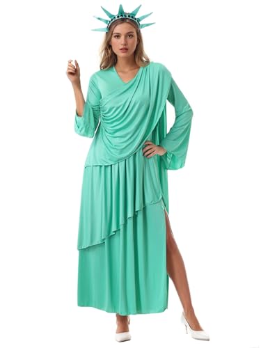 GRAJTCIN Freiheitsstatue Kostüm für Damen, patriotisches Damenkostüm mit Krone, Unabhängigkeitstag, Halloween-Party, Outfit (XL, Cyan) von GRAJTCIN