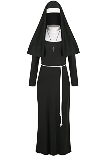 GRAJTCIN Halloween die Nonne Kostüm für Frauen Mutter Schwester Cosplay Kleid Gruselige Nonnenhut Gewohnheit Übergröße Uniform (S, Schwarz) von GRAJTCIN