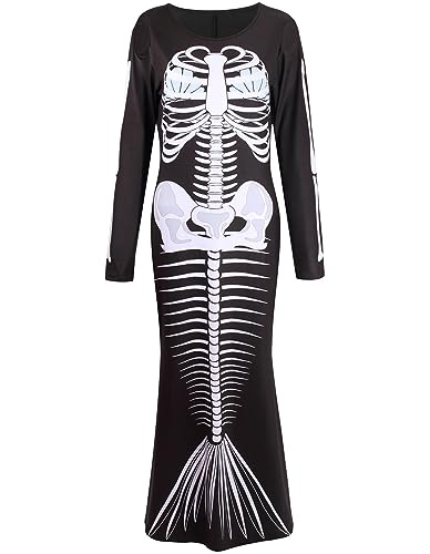 GRAJTCIN Meerjungfrau Skelett Halloween Kostüm für Damen Plus Size Day of The Dead Maxikleid Gruseliges Cosplay Outfit (L,Skelett Meerjungfrau) von GRAJTCIN