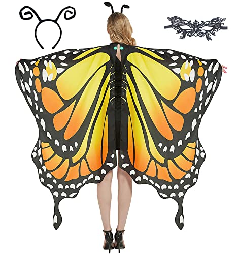 GRAJTCIN Monarch Schmetterlingsflügel Umhang für Damen Halloween Fee Kostüm Karneval mit Antennen Maske Erwachsene (Orange) von GRAJTCIN