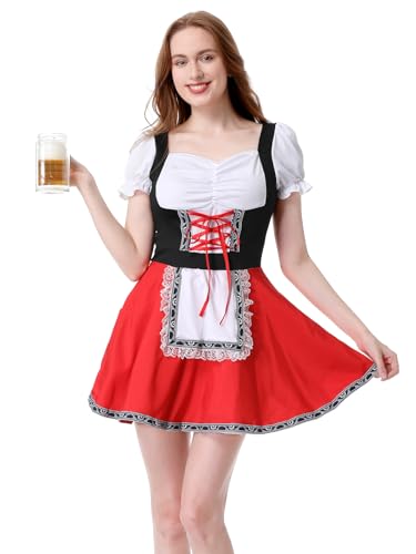 GRAJTCIN Oktoberfest Kostüm Damen Deutsch Bayerischer Karneval Dirndl Kleider Oktober Festival Biermädchen Dienstmädchen Outfit Halloween Party (L, Rot) von GRAJTCIN