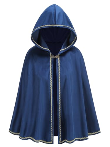 GRAJTCIN Renaissance Mittelalterlicher Kapuzenumhang für Erwachsene, Samt-Umhang, Halloween-Party, viktorianisches Capelet für Damen, Blau, 65CM / 25.6" von GRAJTCIN