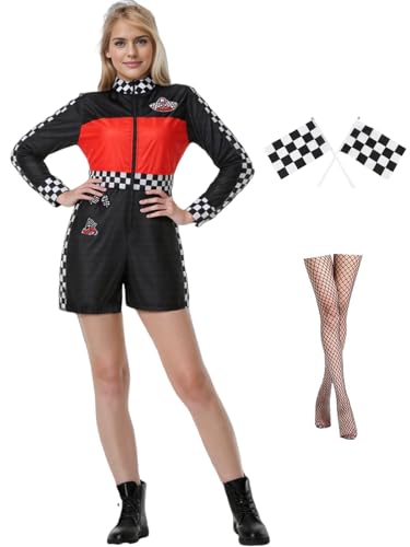 GRAJTCIN Rennfahrer-Kostüm für Damen, Rennfahrer-Kostüm, Rennfahrer-Kostüm, Rennfahrer-Kostüm, lange Ärmel, Racer-Pullover, Halloween, Verkleidungsoutfit (Größe XL, Schwarz) von GRAJTCIN