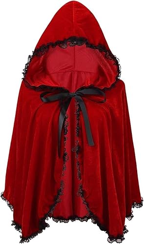 GRAJTCIN Rotkäppchen-Umhang für Halloween, Weihnachten, schicker roter Umhang mit Kapuze, Rot-schwarze Spitze, 65cm/ 25.59inch von GRAJTCIN