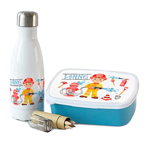 GRAZDesign Brotdose und Trinkflasche Set Feuerwehr für Jungen | personalisierte Brotdose mit Trennwand Trinkflasche aus Edelstahl 350ml | Geschenk zur Einschulung, Kindergarten, Junge von GRAZDesign