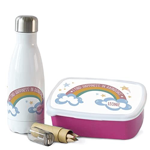 GRAZDesign Brotdose und Trinkflasche Set für Mädchen mit Namen | personalisierte Brotdose mit Trennwand Kunststoff Trinkflasche aus Edelstahl 350ml | Geschenk zur Einschulung von GRAZDesign