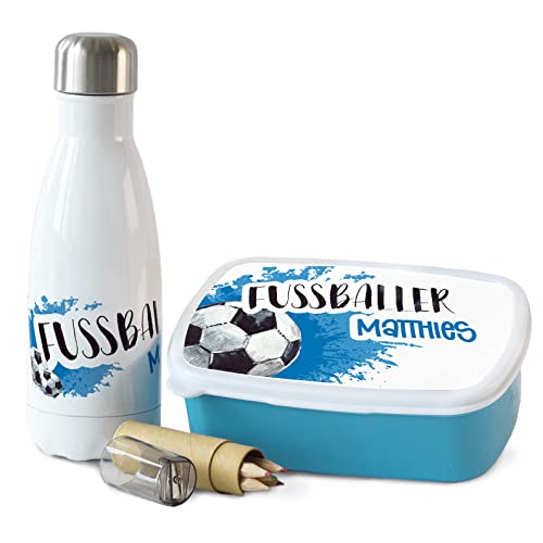 GRAZDesign Fussballer Brotdose und Trinkflasche Set für Jungen personalisiert mit Namen aus Edelstahl 350ml | Geschenk zur Einschulung GRAZDesign Fussballer Brotdose und Trinkflasche Set für Jungen personalisiert mit Namen aus Edelstahl 350ml | Geschenk zur Einschulung von GRAZDesign