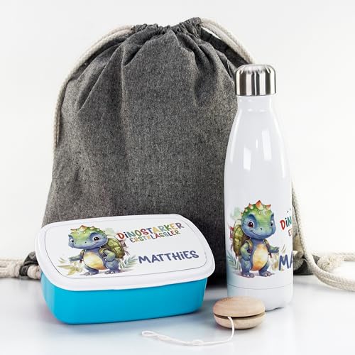 GRAZDesign Trinkflasche mit Brotdose Dino Set mit Namen personalisiert Schule Turnbeutel von GRAZDesign