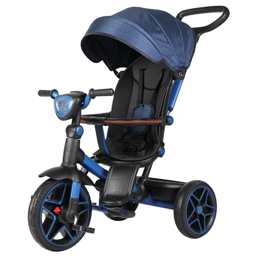 EASYTWIST Kinderkraft Dreirad Kinderdreirad mit Zubehör, Dachfenster, Sicherheitsgurte, 360 Grad Drehbar, Pedal, Schubstange, ab 9 Monate bis 5 Jahre, Bequemer Sitz (Blau) von GRELiving