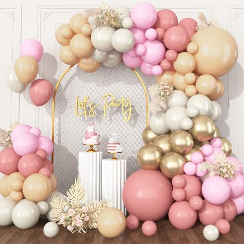 Beige Rosa Ballon Girlande Set, 104 Stück Retro Rosa Weiß Sand Luftballon Girlande mit Metallic Champagner Gold Helium Ballons, für Boho Party Dekoration Mädchen Baby Shower Hochzeit Geburtstag Dusche von GRESAHOM