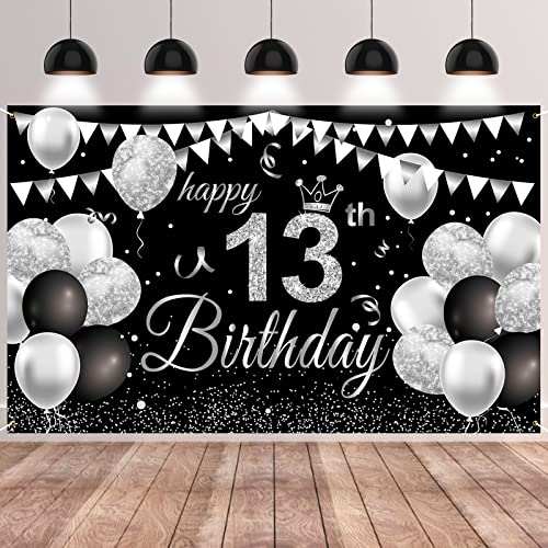 GRESATEK 13. Geburtstag Deko, 13. Happy Birthday Banner für Jungen Mädchen Schwarz Silber 13 Geburtstag Hintergrund Banner Party Dekoration für Jubiläum Geburtstag Dekoration von GRESATEK