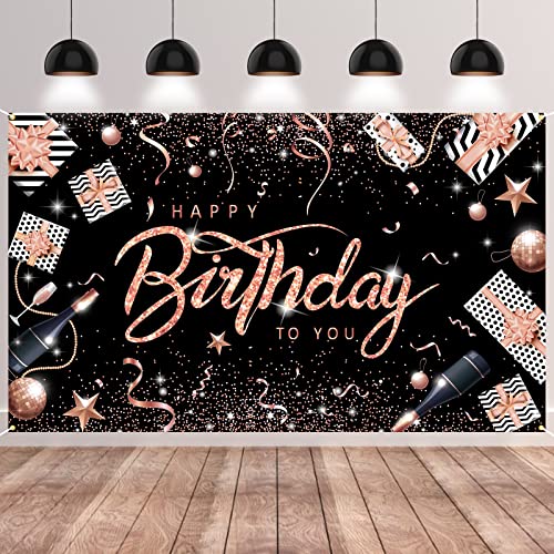 GRESATEK Rose Gold Happy Birthday Banner, Schwarz Geburtstag Banner Party Deko, Extra Großes Banner Drinnen und Draußen Poster Geburtstagsdeko Hintergrund für Mädchen und Frauen von GRESATEK