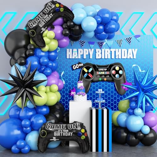 Gamer Deko Luftballons Girlande, Videospiel Geburtstagsdeko Luftballons, Blau Grün Lila Luftballons Kit mit Cartoon Luftballons für Kinder Jungen Gamer Deko Geburtstag Party, Videospiel Party Deko von GRESATEK