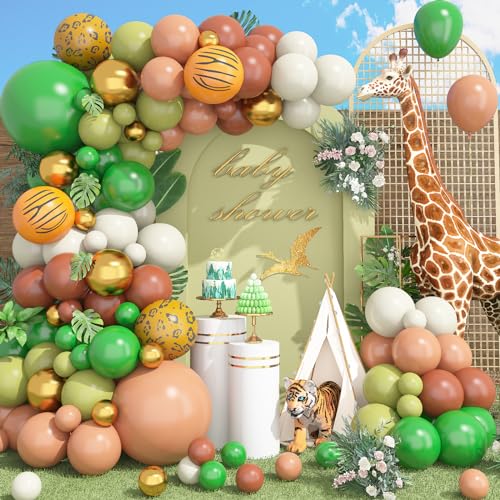 Jungle Luftballon Girlande Grün Retro Braun, Olivgrün Apricot Nude Weiß Gold Luftballon Girlande Und Folienballons mit Tiermotiven für Dschungel Waldtiere Thema Baby Shower Geburtstag Hochzeit Party von GRESATEK