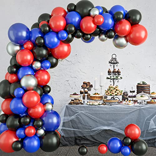 Luftballon Girlande Rot Schwarz Blau,GRESATEK Ballon Girlande Ballonbogen Kit mit Metallic Silber Ballons für Superhelden Themen Party Geburtstag Dekorationen von GRESATEK