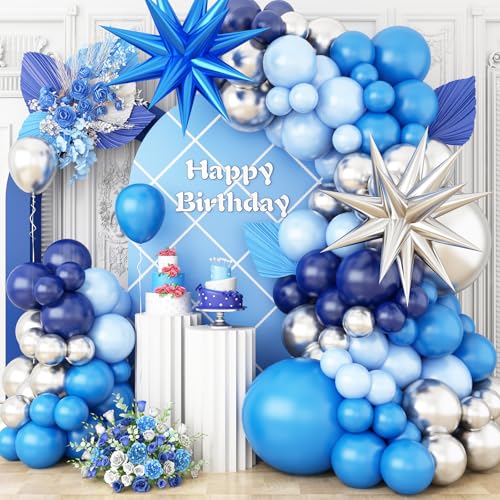 Luftballons Girlande Blau Silber, 5/10/18 Zoll Dunkel Marine Blau Metallic Silber Pastell Blau mit Blau Silber Explosion Stern Folienballons für Jungen Geburtstag Party Babyparty Deko von GRESATEK